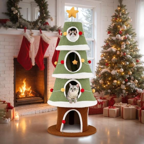 COSTWAY Arbre à chat de Noël, 154 cm, arbre à chat avec 4 cavités pour chats, planche à gratter, grande base, étoile&boules, meuble pour chats Arbre de Noël, vert
