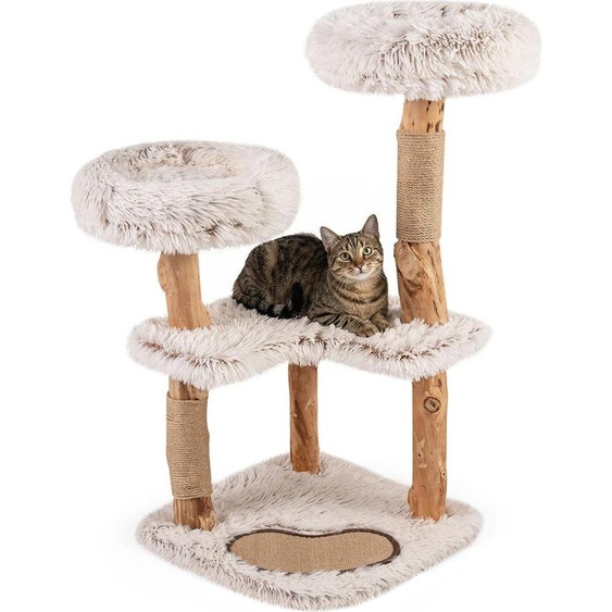 COSTWAY Arbre à chat en bois, 101 cm, arbre à chat avec poteaux à griffer en bois massif et jute, tapis à griffer, 2 sièges en peluche et 2 grandes plateformes, meuble pour chat