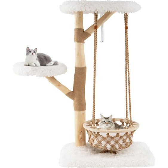 COSTWAY Arbre à chat en bois 123cm, arbre à chat avec panier suspendu, vraies branches en bois, planches à gratter en jute, 2 perchoirs & plateforme, meubles pour animaux domestiques, chats, nature