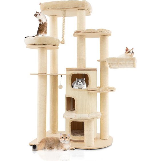 COSTWAY Arbre à chat en bois 173cm, Grand arbre à chat, Arbre à chat avec niche & tapis & balle & corde suspendue, Arbre dactivité à plusieurs étages, Meuble pour chats Arbre à grimper Maison pour chats (Beige)