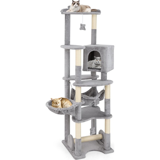 COSTWAY Arbre à chat en bois 176cm, Grand arbre à chat, Arbre à chat avec grotte, lit en osier, hamac, poteaux en sisal, plates-formes & jouets Meubles pour chats Gris