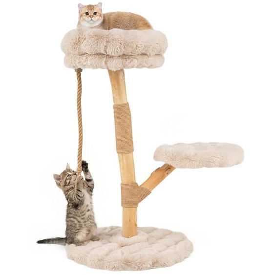 COSTWAY Arbre à chat en bois 90 cm, arbre à chat avec 3 sièges en peluche, corde et poteau à griffer en jute, tour pour chat, meuble pour chat, arbre à griffer en bois massif (beige)