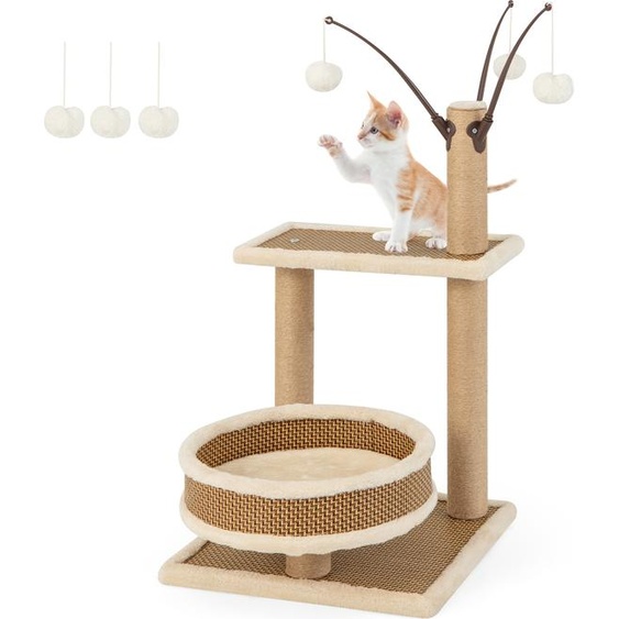 COSTWAY Arbre à chat en rotin à 3 étages, petit arbre à chat, meuble pour chats avec plateforme, 3 balles de jeu, poteau griffoir & lit, arbre à grimper marron 40x40x80cm