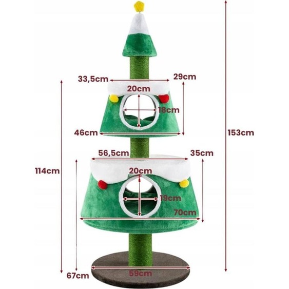 COSTWAY Arbre à chat pour Noël, adorable arbre de Noël pour chats avec 2 cavités pour chats, griffoirs en sisal, jouets & coussins en peluche 59x153cm Vert