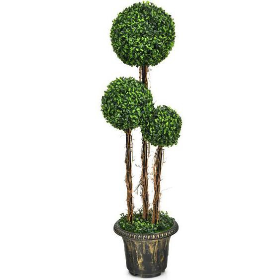 COSTWAY Arbre Artificiel Arbuste de 115 CM, Fausse Plante 3 Boules en Pot avec Rotin Véritable, Résistance aux UV et lEau