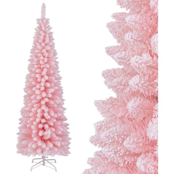COSTWAY Arbre de Noël artificiel Crayon, Sapin de 180cm avec neige, 460 pointes de branches & support métallique pliable, Arbre de Noël élancé Rose