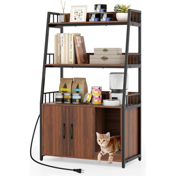COSTWAY Armoire à chat avec bibliothèque, station de chargement, 3 niveaux, tapis grattoir&entrée, armoire pour bac à litière, maison pour chat, 80x40x13cm noyer