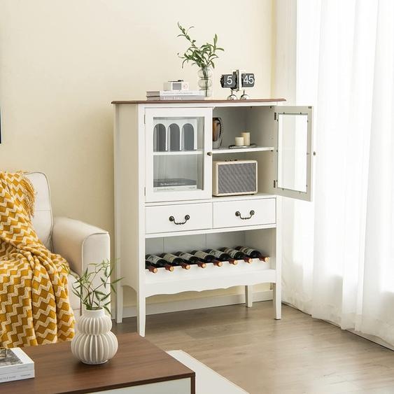 COSTWAY Armoire à vin en pin, armoire indépendante avec 2 portes, 2 tiroirs en verre trempé, buffet de cuisine avec sécurité anti-basculement pour cuisine salle à manger & salon (blanc)