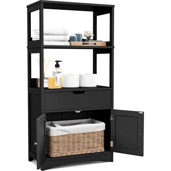 COSTWAY Armoire de salle de bain indépendante, armoire haute pour salle de bain avec 2 portes & 3 étagères ouvertes & tiroir, armoire moderne multi-usages pour salle de bain cuisine salon (Noir)