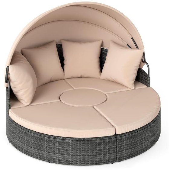 COSTWAY Bain de soleil de jardin en poly rotin avec toit, table, coussins dassise et de dossier, bain de soleil pour 2 personnes, meuble lounge, îlot de bain de soleil rond Kaki