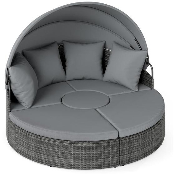 COSTWAY Bain de soleil de jardin en poly rotin avec toit, table, coussins dassise et de dossier, bain de soleil pour 2 personnes, meuble lounge, îlot de repos rond Gris