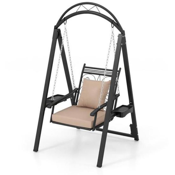 COSTWAY Balancelle de Jardin Portique avec Motif FeuillesCoussins Inclus. - Mini Tables Latérales pour  Balcon Piscine Noir