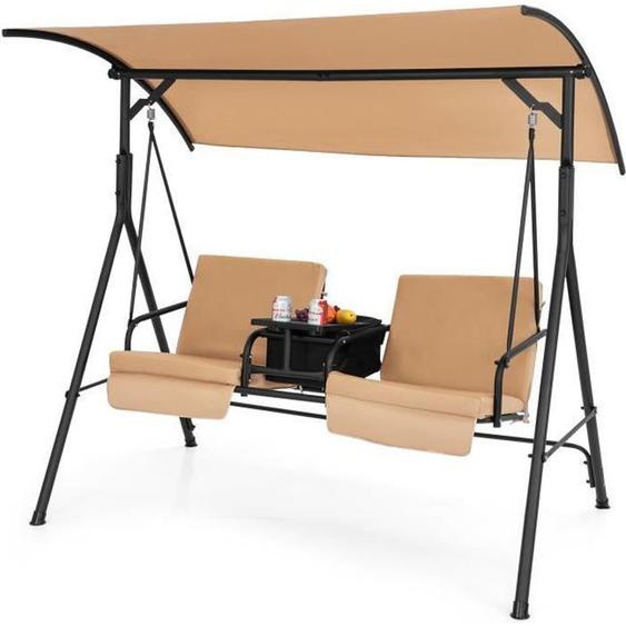 COSTWAY Balancelle Jardin pour 2 Places 181x124x1615  CM Auvent Réglable à 240°-Sac Isotherme-Plateau Rotatif 360°-120kg-Marron