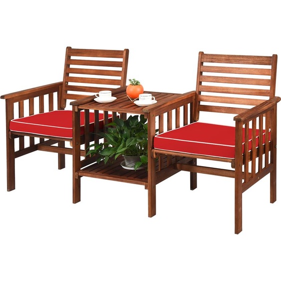 COSTWAY Banc de jardin avec table, banc en bois 2 places avec coussin dassise & trou pour parasol, banc en acacia pouvant supporter jusquà 350 kg, banc de terrasse 165 x 65 x 88 cm (rouge)