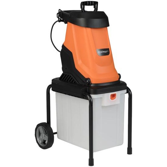 COSTWAY Broyeur de jardin 2800 W, épaisseur de coupe 45mm, broyeur de jardin électrique avec roues & bac de ramassage 50 L, broyeur à couteaux filaire, broyeur orange