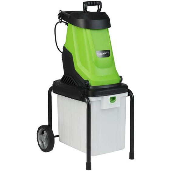 COSTWAY Broyeur de jardin 2800 W, épaisseur de coupe 45mm, broyeur de jardin électrique avec roues & bac de ramassage 50 L, broyeur à couteaux filaire, broyeur vert