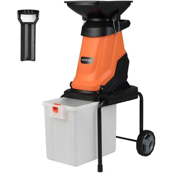 COSTWAY Broyeur de jardin 3000 W, épaisseur de coupe 45mm, broyeur de jardin électrique avec roues & bac de ramassage 50 L, broyeur à couteaux filaire, broyeur orange