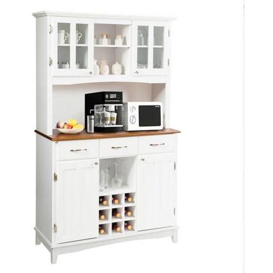 COSTWAY Buffet de Cuisine avec Large Comptoir, Armoire en Verre Trempé, Porte-Bouteilles, Étagères Réglables, 3 Tiroirs, Blanc