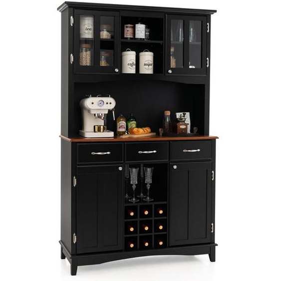 COSTWAY Buffet de Cuisine avec Large Comptoir, Armoire en Verre Trempé, Porte-Bouteilles, Étagères Réglables, 3 Tiroirs, Noir