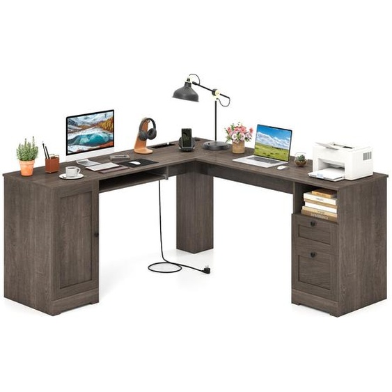 COSTWAY Bureau en L, bureau dangle avec station de chargement, armoire & 2 tiroirs, table dordinateur, table de bureau, 168x168x76cm, Gris