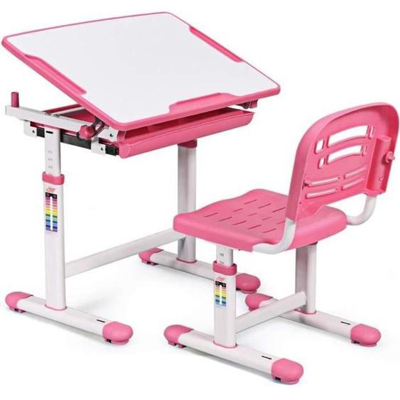 COSTWAY Bureau Enfant Ergonomique Hauteurs et Angle Réglable 0-40° Ensemble Table avec Chaises,Table à Dessin avec 1 Tiroir Rose