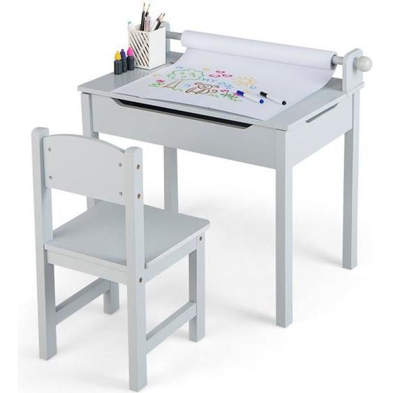COSTWAY Bureau pour Enfants avec Chaise, Rouleau de Papier, Plateau Rabattable  (Rangement Caché)en Bois pour 3+ Ans, Gris