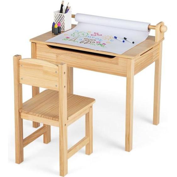 COSTWAY Bureau pour Enfants avec Chaise, Rouleau de Papier, Plateau Rabattable(Rangement Caché) en Bois pour 3+ Ans, Naturel