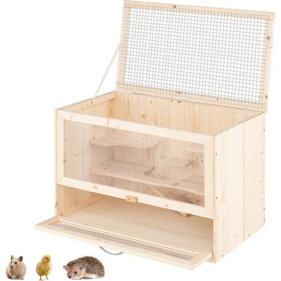 COSTWAY Cage à hamster en bois, cage pour rongeurs avec couvercle rabattable en filet, zones multi-échelles, rampe, panneau acrylique & porte verrouillable, cage pour petits animaux 60x35,5x42 cm