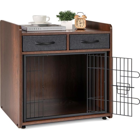 COSTWAY Cage pour chien Cage pour animaux, niche pour chien avec porte verrouillable & 2 tiroirs en tissu, boîte pour chiens de petite & moyenne taille, bois, brun, 62x49,5x63cm
