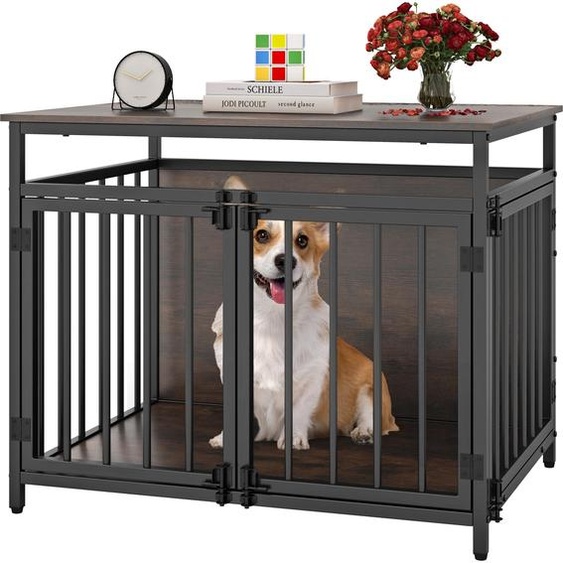COSTWAY Cage pour chien Meuble, Box pour chien à la maison avec TROIS portes, Box grillagé en bois pour chiens Indoor, Table dappoint en bois & métal, 80 x 60 x 64 cm