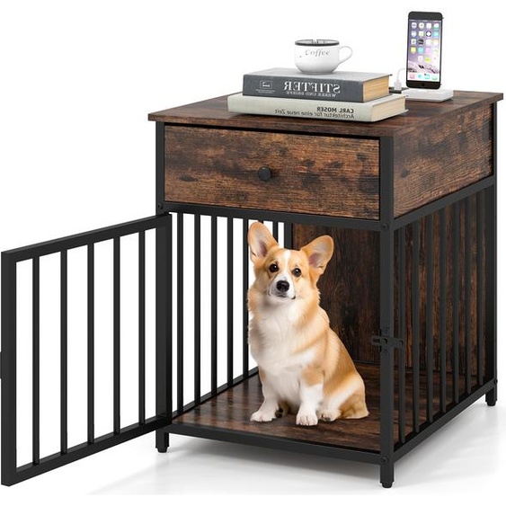 COSTWAY Cage pour chien Meuble, Box pour chien avec station de chargement, porte, tiroir & tubes métalliques, Niche pour chien Table dappoint Table de nuit, brun vintage, 50x60x64cm