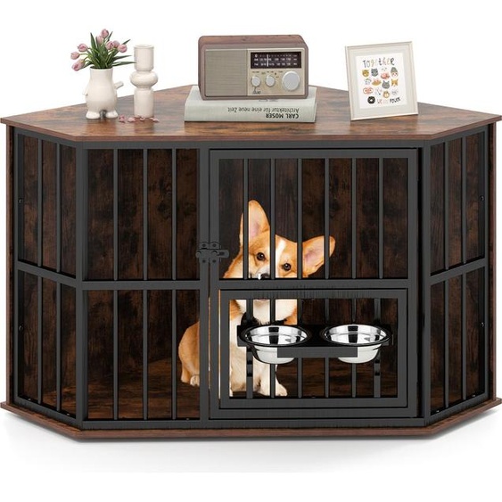 COSTWAY Cage pour chien Meuble, niche pour chien avec distributeur de nourriture réglable, 2 gamelles en inox & porte verrouillable, box pour chien en bois et métal, brun