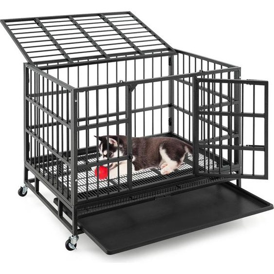 COSTWAY Cage pour chien pliable avec 2 portes, roulettes & plateau extensible, caisse de transport en métal, caisse pour chiens de grande et moyenne taille 96x65x77cm