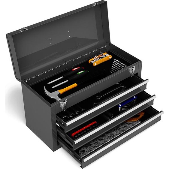 COSTWAY Caisse à outils métallique, Caisse à outils avec 3 tiroirs & compartiment supérieur, Boîte à outils Caisse à outils 52 x 21 x 30 cm (Noir)