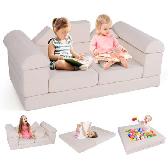 COSTWAY Canapé Bebe Modulaire pour 2 Enfants 9 Pièces, Convertible en Mousse, pour Grimper et Ramper, Tissu en Daim, Beige