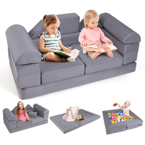 COSTWAY Canapé Bebe Modulaire pour 2 Enfants 9 Pièces, Convertible en Mousse, pour Grimper et Ramper, Tissu en Daim, Gris