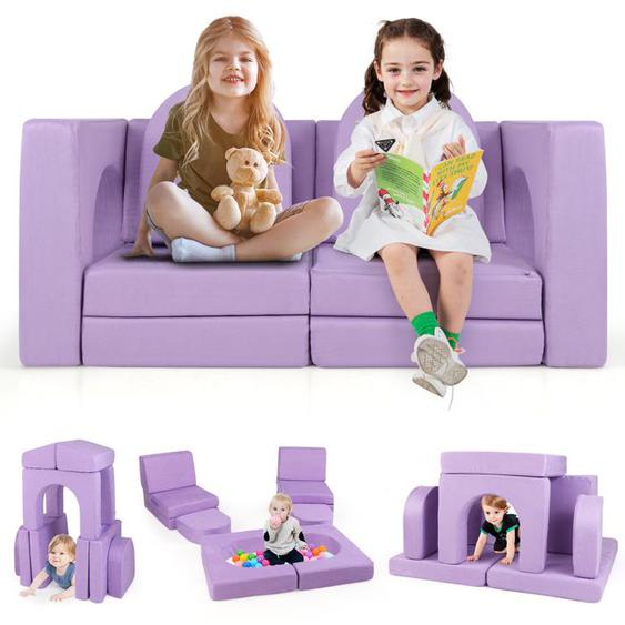COSTWAY Canapé Bebe Modulaire pour Enfant 8 Pièces Convertible en Mousse, pour Grimper et Ramper, Tissu en Daim Confortable Violet