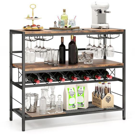 COSTWAY Casier à Vin Autoportant pour 7 Bouteilles et 16 Verres, Meuble Range Bouteille à 4 Niveaux, 4 Rangées de Porte-verres