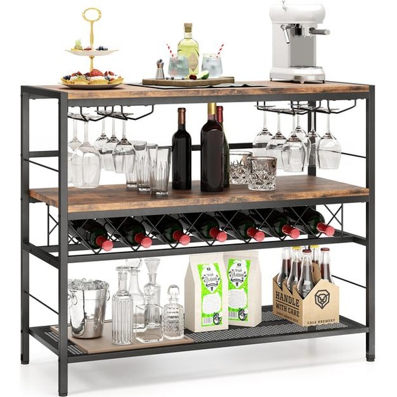 COSTWAY Casier à vin indépendant à 4 étages, table de bar à vin de 104 cm avec cave à vin et 4 rangées de porte-verres, 7 bouteilles et 16 verres Marron