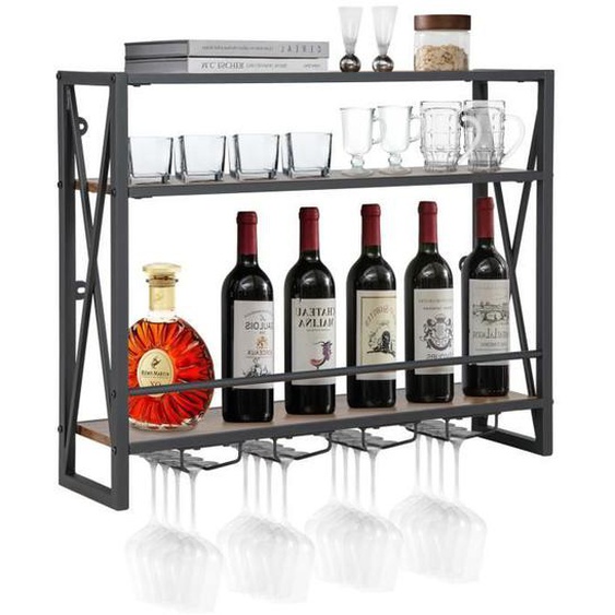 COSTWAY Casier à Vin Mural Industriel à 3 Niveaux avec Porte-gobelet en Métal, Étagère de Rangement pour Cuisine Bar Salle à Manger