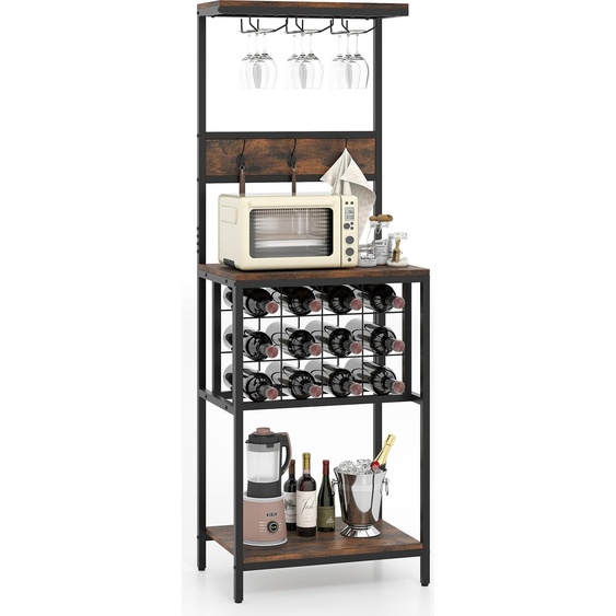 COSTWAY Casier à vin sur pied, armoire de bar à vin avec supports pour verres, porte-bouteilles à vin et crochets, casier à spiritueux au design industriel brun