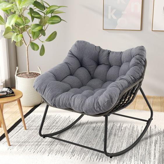 COSTWAY Chaise à Bascule de Jardin Extérieur en Osier PE Coussin Amovible Structure en Métal pour Salon Balcon Jardin PatioGris