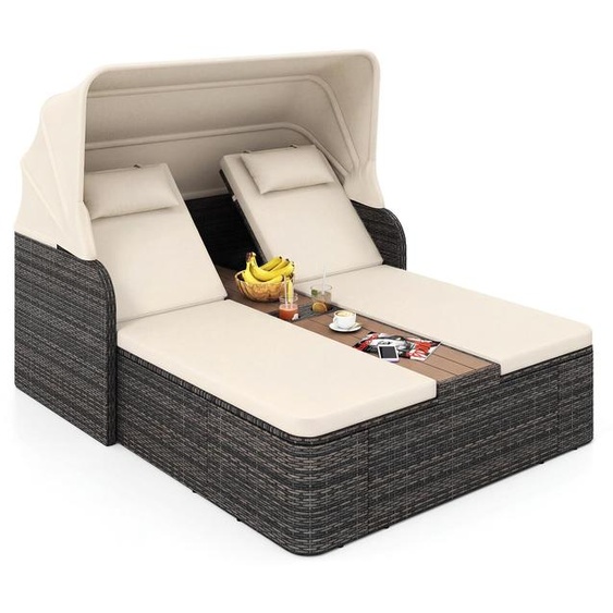 COSTWAY : chaise longue double en polyrotin pour 2 personnes, chaise longue de jardin avec auvent, dossiers réglables, coussin et table centrale, chaise longue de détente