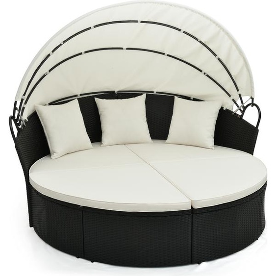 COSTWAY Chaise longue en rotin, Chaise longue de jardin avec coussins & baldaquin rétractable, Ile de soleil pour 2-3 personnes 187x180x157cm