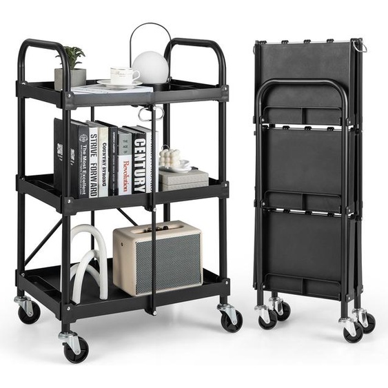 COSTWAY Chariot à outils 3 étages, Chariot pliable sur roulettes, Chariot polyvalent avec mains courantes, Chariot datelier Chariot de service, pour latelier, le bureau, la maison, Chariot de montage Métal, Noir