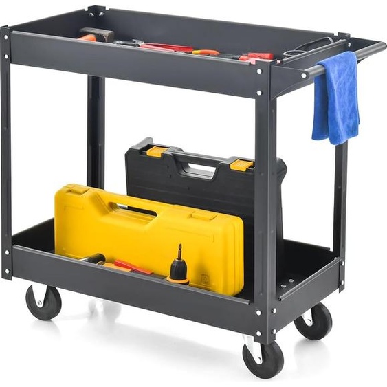 COSTWAY Chariot datelier à 2 plateaux, chariot à outils avec poignée, chariot datelier en métal pouvant supporter jusquà 100 kg, chariot de montage Chariot à plateaux pour la maison, le garage, 85 x 41 x 79 cm (Noir)