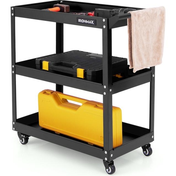 COSTWAY Chariot datelier à 3 niveaux jusquà 120kg, chariot datelier avec 4 roues universelles & poignée, chariot à outils en métal 73x36x75cm Noir