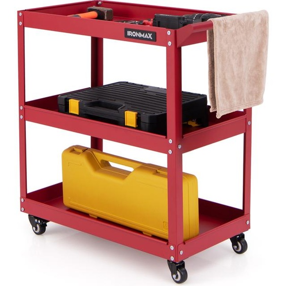 COSTWAY Chariot datelier à 3 niveaux jusquà 120kg, chariot datelier avec 4 roues universelles & poignée, chariot à outils en métal 73x36x75cm rouge