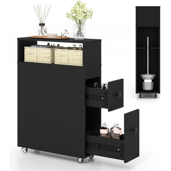 COSTWAY Chariot pour niche avec roulettes, tiroirs, paniers en osier et porte-balais, armoire de salle de bains étroite, armoire de toilette indépendante, armoire pour niche 50 x 19 x 72 cm Noir