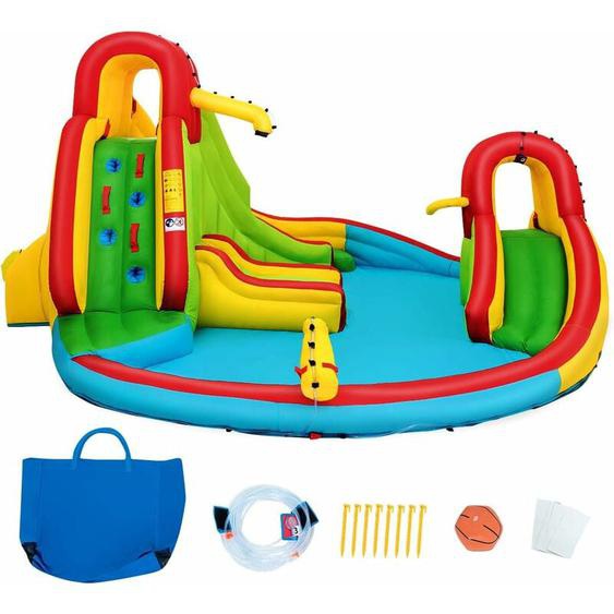 Costway - Château Gonflable pour 3 Enfants 3-10 Ans avec 2 Toboggans,Bassin dEclaboussement, Terrain de Basket Charge Max160KG Extérieur Souffleur